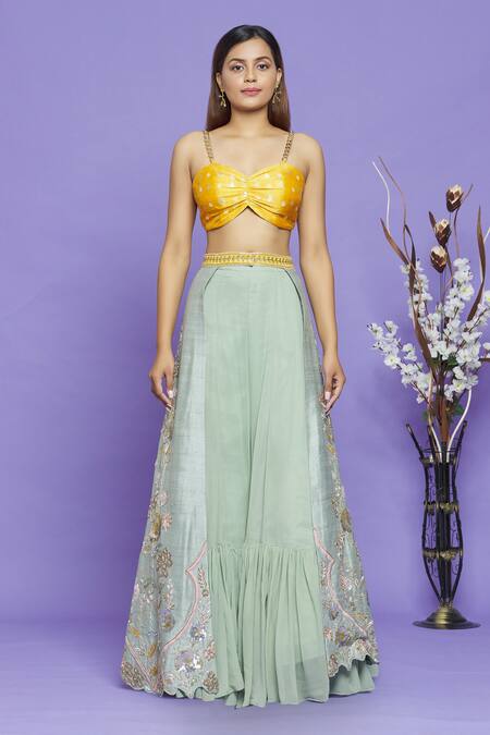 Neha Mehta Couture_Yellow Pure Banarasi Sequin, Thread, Cutdana And Sheer Cape & Overlay Sharara Set _Online_at_Aza_Fashions
