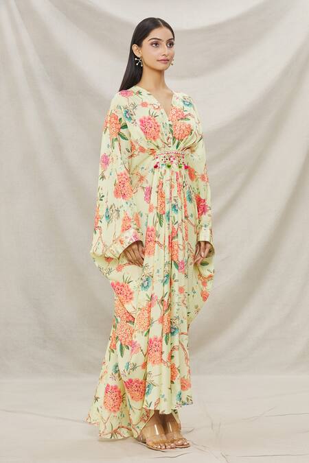 Gopi Vaid Yellow Viscose Floral Motifs V Neck Print Kaftan Online at Aza Fashions Gopi Vaid_Yellow Viscose Floral Motifs V Neck Print Kaftan _Online_at_Aza_Fashions