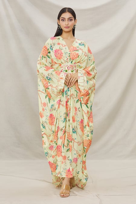 Buy Gopi Vaid Yellow Viscose Floral Motifs V Neck Print Kaftan Online at Aza Fashions Buy_Gopi Vaid_Yellow Viscose Floral Motifs V Neck Print Kaftan _Online_at_Aza_Fashions