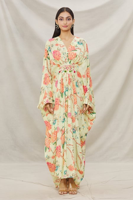 Shop Gopi Vaid Yellow Viscose Floral Motifs V Neck Print Kaftan Online at Aza Fashions Shop_Gopi Vaid_Yellow Viscose Floral Motifs V Neck Print Kaftan _Online_at_Aza_Fashions