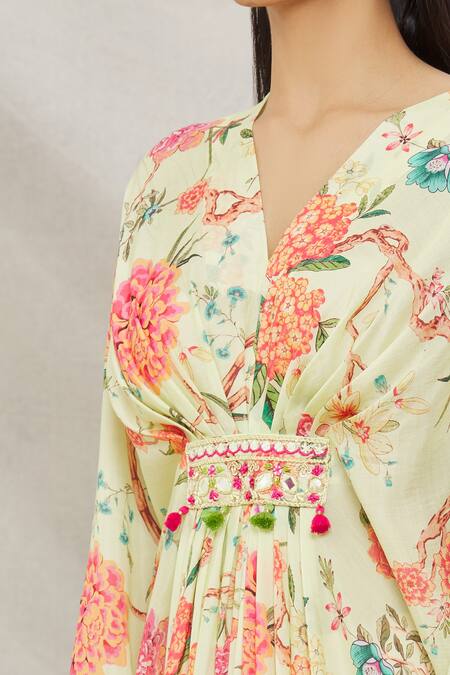 Gopi Vaid Yellow Viscose Floral Motifs V Neck Print Kaftan at Aza Fashions Gopi Vaid_Yellow Viscose Floral Motifs V Neck Print Kaftan _at_Aza_Fashions