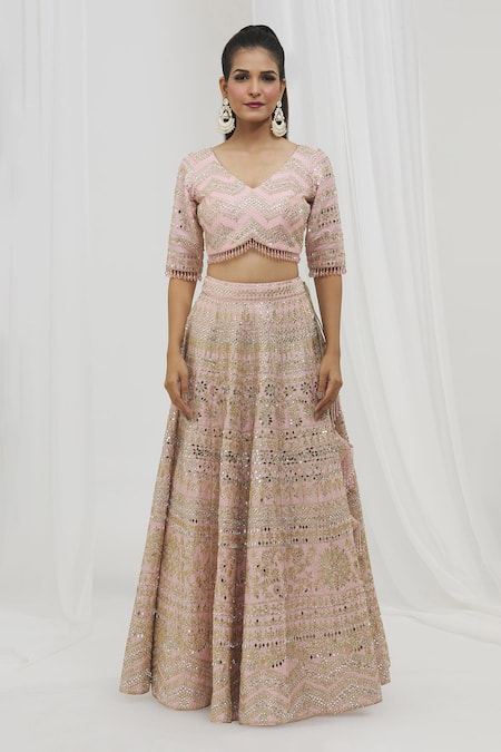 Vandana Sethi Pink Denim, Silk, Chiffon Mirrors, Gota Floral Embellished Bridal Lehenga Set Online at Aza Fashions Vandana Sethi_Pink Denim, Silk, Chiffon Mirrors, Gota Floral Embellished Bridal Lehenga Set _Online_at_Aza_Fashions