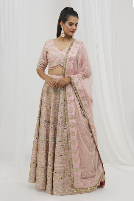 Shop Vandana Sethi Pink Denim, Silk, Chiffon Mirrors, Gota Floral Embellished Bridal Lehenga Set Online at Aza Fashions Shop_Vandana Sethi_Pink Denim, Silk, Chiffon Mirrors, Gota Floral Embellished Bridal Lehenga Set _Online_at_Aza_Fashions