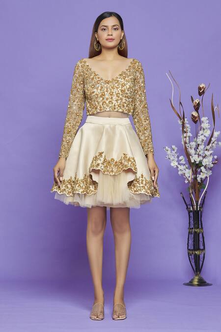 Neha Mehta Couture_Gold Heavy Satin Sequin, Beads, Thread And Embroidered Blouse & Short Lehenga Set _Online_at_Aza_Fashions