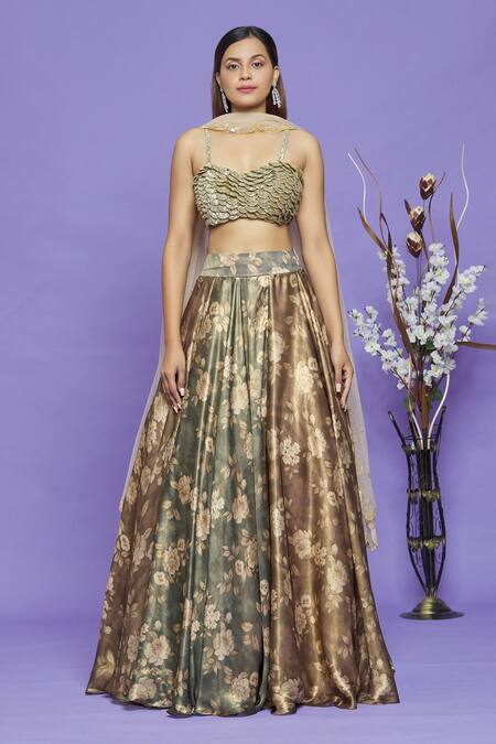 Buy_Neha Mehta Couture_Green Satin Georgette Embroidery Sequin And Strappy Blouse & Floral Print Lehenga _Online_at_Aza_Fashions
