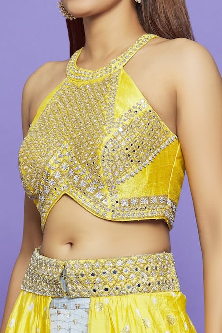 Shop_Neha Mehta Couture_Blue Pure Bandhani Mirror, Sequin, Thread And Neck Blouse & Overlay Sharara Set _Online_at_Aza_Fashions