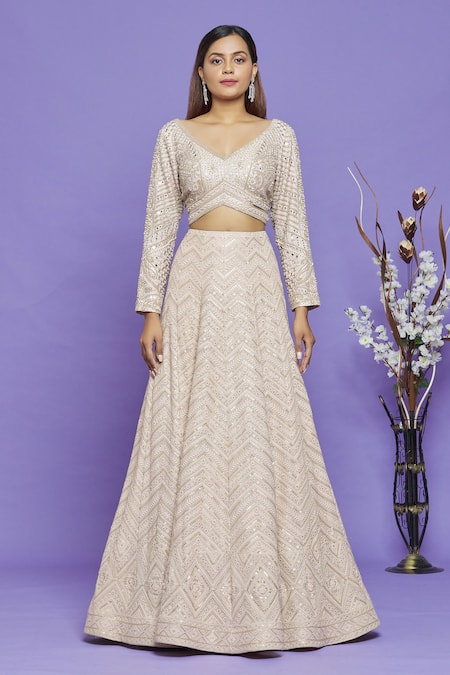Neha Mehta Couture_Beige Lucknowi Embroidery Thread V Neck Lehenga Set _Online_at_Aza_Fashions