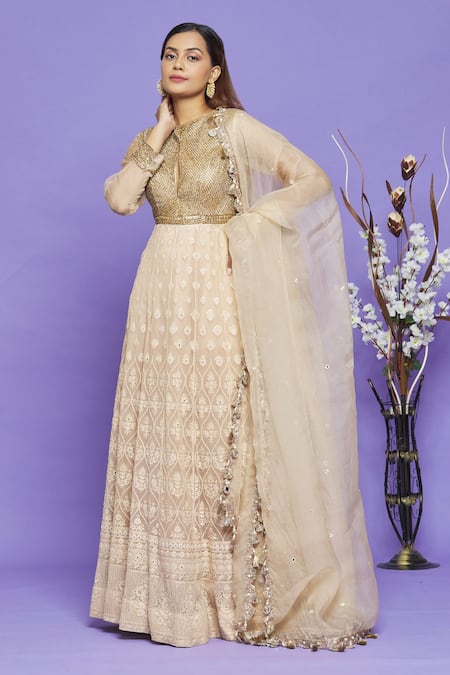 Buy_Neha Mehta Couture_Beige Lucknowi Sequin, Beads, Thread And Cutdana Round Anarkali With Dupatta _Online_at_Aza_Fashions