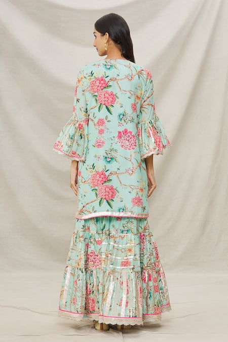 Shop Gopi Vaid Blue Net, Viscose Floral Motifs, Gota Work V Neck Print Kurta Sharara Set at Aza Fashions Shop_Gopi Vaid_Blue Net, Viscose Floral Motifs, Gota Work V Neck Print Kurta Sharara Set _at_Aza_Fashions