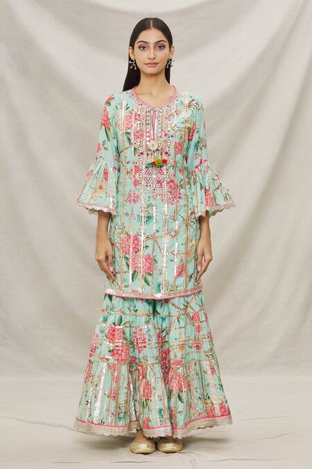 Gopi Vaid Blue Net, Viscose Floral Motifs, Gota Work V Neck Print Kurta Sharara Set Online at Aza Fashions Gopi Vaid_Blue Net, Viscose Floral Motifs, Gota Work V Neck Print Kurta Sharara Set _Online_at_Aza_Fashions