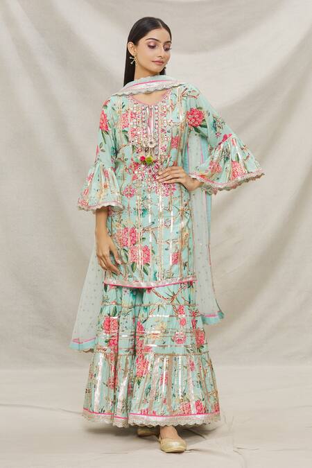 Buy Gopi Vaid Blue Net, Viscose Floral Motifs, Gota Work V Neck Print Kurta Sharara Set Online at Aza Fashions Buy_Gopi Vaid_Blue Net, Viscose Floral Motifs, Gota Work V Neck Print Kurta Sharara Set _Online_at_Aza_Fashions