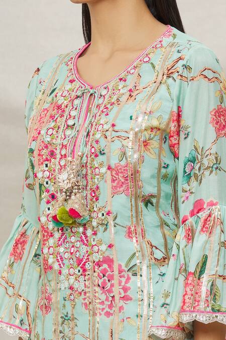 Shop Gopi Vaid Blue Net, Viscose Floral Motifs, Gota Work V Neck Print Kurta Sharara Set Online at Aza Fashions Shop_Gopi Vaid_Blue Net, Viscose Floral Motifs, Gota Work V Neck Print Kurta Sharara Set _Online_at_Aza_Fashions