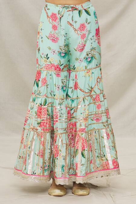 Gopi Vaid Blue Net, Viscose Floral Motifs, Gota Work V Neck Print Kurta Sharara Set at Aza Fashions Gopi Vaid_Blue Net, Viscose Floral Motifs, Gota Work V Neck Print Kurta Sharara Set _at_Aza_Fashions