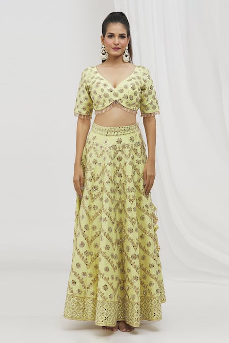 Vandana Sethi Yellow Dupion, Silk Gota Patti, Mirrors Chevron Embellished Lehenga Set Online at Aza Fashions Vandana Sethi_Yellow Dupion, Silk Gota Patti, Mirrors Chevron Embellished Lehenga Set _Online_at_Aza_Fashions