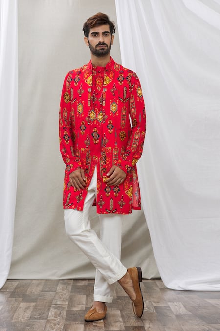Ankur J Red Cotton Silk Floral, Paisley Printed Waistcoat And Kurta Set 