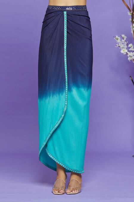 Neha Mehta Couture_Blue Pure Crepe Beads And Cutdana, Mirror Embroidered Blouse & Dhoti Skirt Set _at_Aza_Fashions