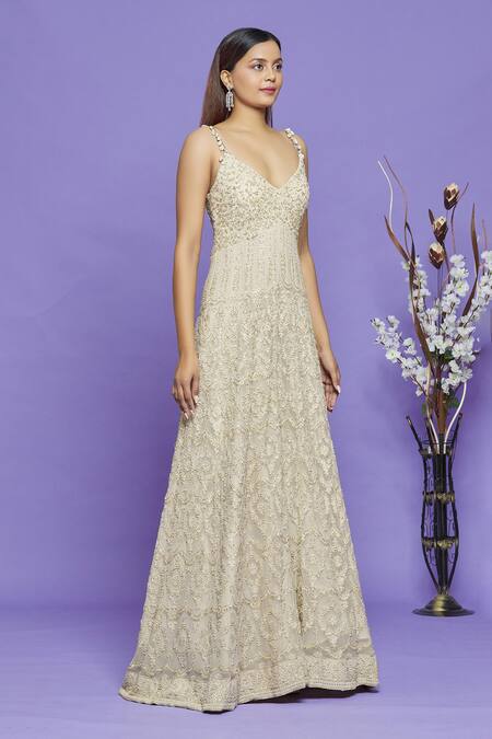 Buy_Neha Mehta Couture_Gold Lucknowi Sequin And Cutdana, Thread Floral Embroidered Anarkali With Dupatta _Online_at_Aza_Fashions