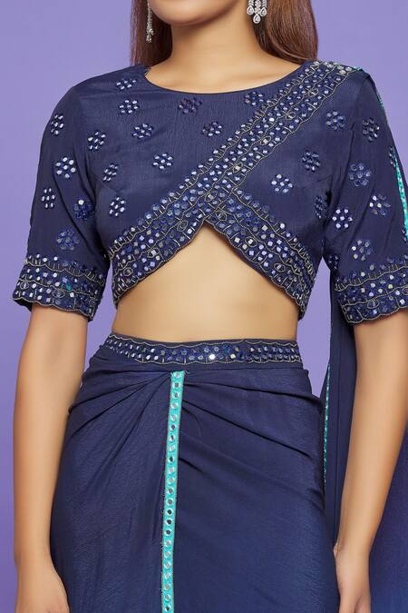 Buy_Neha Mehta Couture_Blue Pure Crepe Beads And Cutdana, Mirror Embroidered Blouse & Dhoti Skirt Set _Online_at_Aza_Fashions