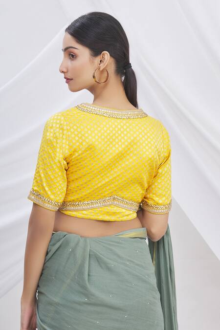 Shop Arihant Rai Sinha Yellow Banarasi Brocade V Neck Saree Blouse at Aza Fashions Shop_Arihant Rai Sinha_Yellow Banarasi Brocade V Neck Saree Blouse _at_Aza_Fashions