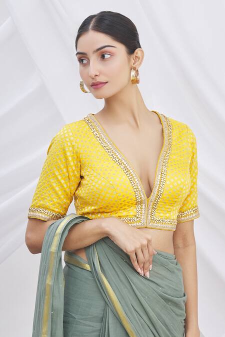 Arihant Rai Sinha Yellow Banarasi Brocade V Neck Saree Blouse Online at Aza Fashions Arihant Rai Sinha_Yellow Banarasi Brocade V Neck Saree Blouse _Online_at_Aza_Fashions