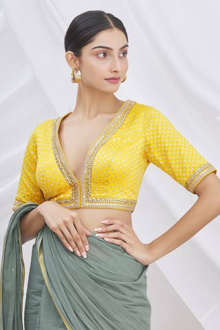 Buy Arihant Rai Sinha Yellow Banarasi Brocade V Neck Saree Blouse Online at Aza Fashions Buy_Arihant Rai Sinha_Yellow Banarasi Brocade V Neck Saree Blouse _Online_at_Aza_Fashions