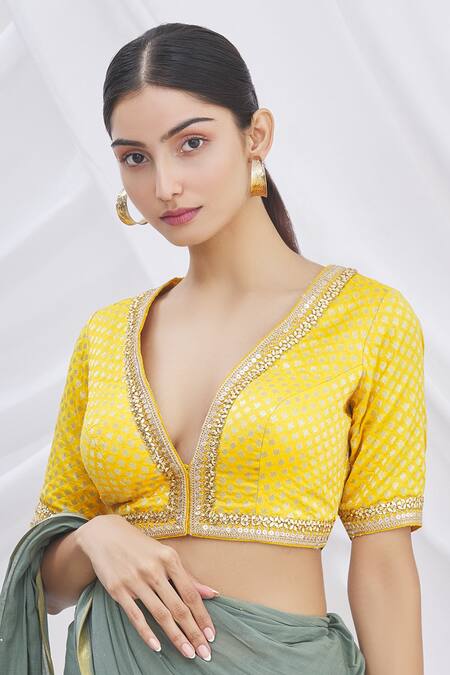 Shop Arihant Rai Sinha Yellow Banarasi Brocade V Neck Saree Blouse Online at Aza Fashions Shop_Arihant Rai Sinha_Yellow Banarasi Brocade V Neck Saree Blouse _Online_at_Aza_Fashions