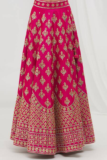 Vandana Sethi_Fuchsia Silk Gota Patti, Floral Mirrorwork Embellished Bridal Lehenga Set _at_Aza_Fashions