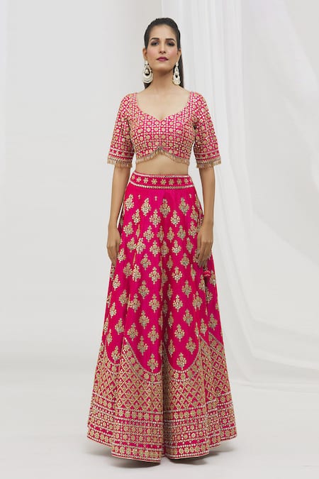 Vandana Sethi_Fuchsia Silk Gota Patti, Floral Mirrorwork Embellished Bridal Lehenga Set _Online_at_Aza_Fashions