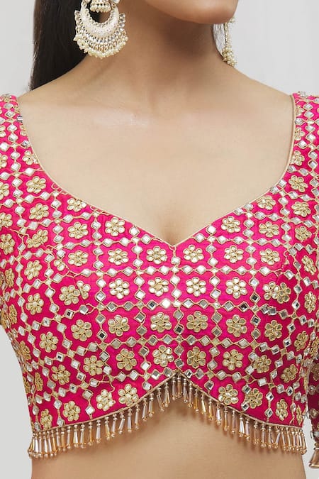 Buy_Vandana Sethi_Fuchsia Silk Gota Patti, Floral Mirrorwork Embellished Bridal Lehenga Set _Online_at_Aza_Fashions