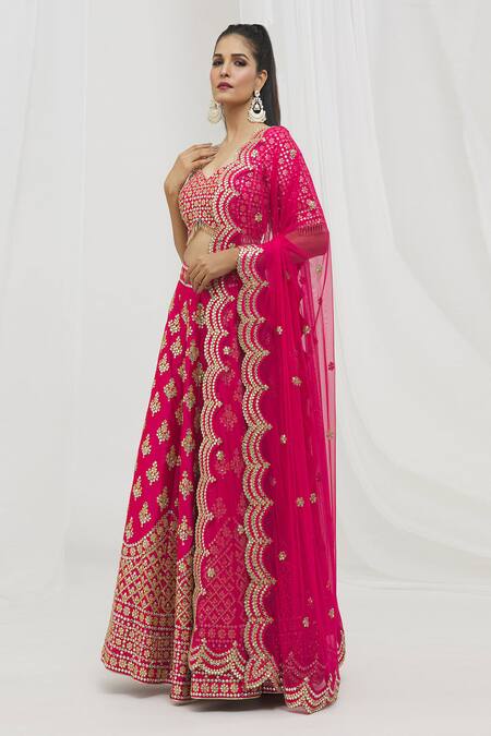 Shop_Vandana Sethi_Fuchsia Silk Gota Patti, Floral Mirrorwork Embellished Bridal Lehenga Set _Online_at_Aza_Fashions