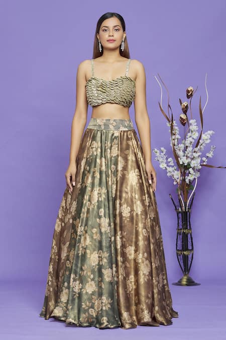 Neha Mehta Couture_Green Satin Georgette Embroidery Sequin And Strappy Blouse & Floral Print Lehenga _Online_at_Aza_Fashions