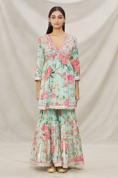 Gopi Vaid Blue Viscose, Soft Chiffon Floral Motifs, Resham And Print Kurta Sharara Set Online at Aza Fashions Gopi Vaid_Blue Viscose, Soft Chiffon Floral Motifs, Resham And Print Kurta Sharara Set _Online_at_Aza_Fashions