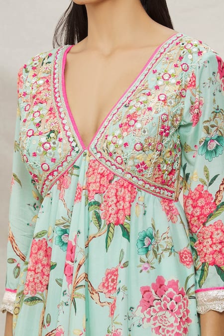 Shop Gopi Vaid Blue Viscose, Soft Chiffon Floral Motifs, Resham And Print Kurta Sharara Set Online at Aza Fashions Shop_Gopi Vaid_Blue Viscose, Soft Chiffon Floral Motifs, Resham And Print Kurta Sharara Set _Online_at_Aza_Fashions