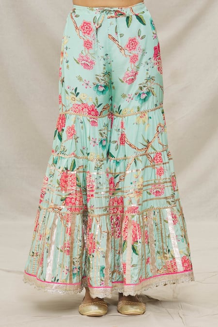 Gopi Vaid Blue Viscose, Soft Chiffon Floral Motifs, Resham And Print Kurta Sharara Set at Aza Fashions Gopi Vaid_Blue Viscose, Soft Chiffon Floral Motifs, Resham And Print Kurta Sharara Set _at_Aza_Fashions