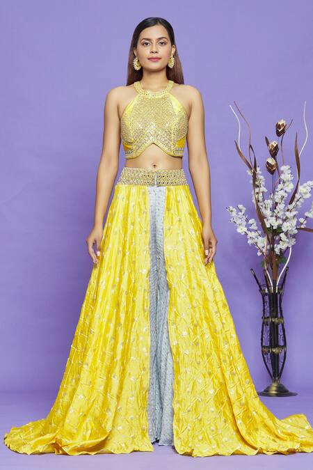 Buy_Neha Mehta Couture_Blue Pure Bandhani Mirror, Sequin, Thread And Neck Blouse & Overlay Sharara Set _Online_at_Aza_Fashions