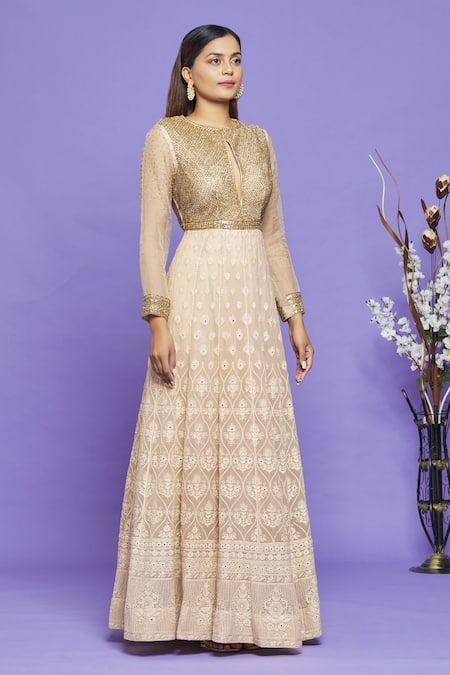Neha Mehta Couture_Beige Lucknowi Sequin, Beads, Thread And Cutdana Round Anarkali With Dupatta _Online_at_Aza_Fashions