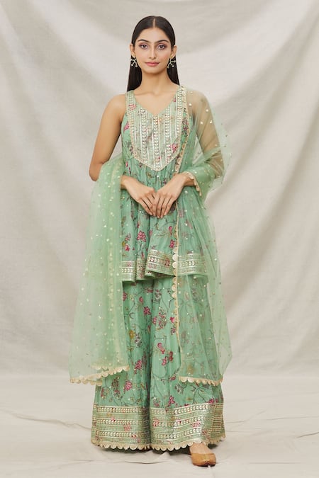 Gopi Vaid Floral Print Short Anarkali Sharara Set 