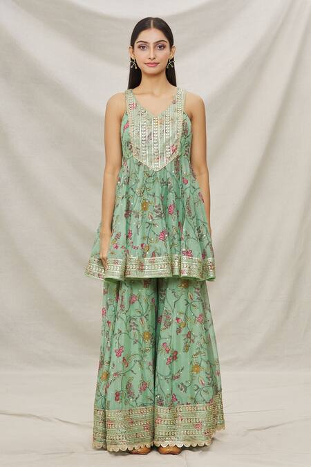 Gopi Vaid_Green Organza, Net Floral Motifs, Gota Work V Print Short Anarkali Sharara Set_Online_at_Aza_Fashions