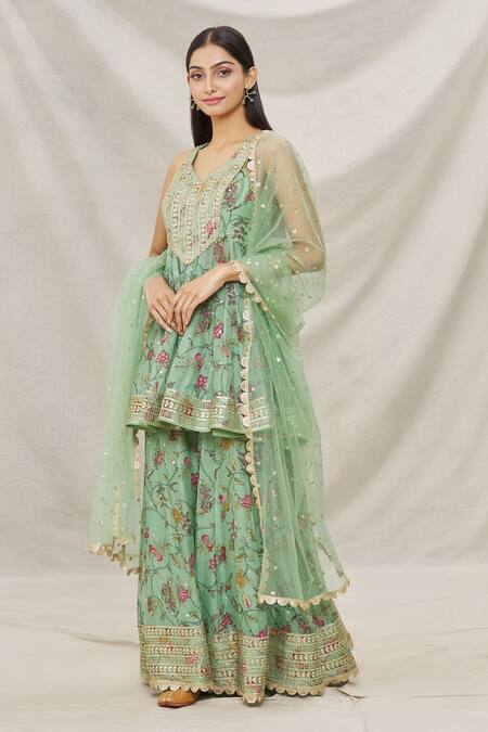Buy_Gopi Vaid_Green Organza, Net Floral Motifs, Gota Work V Print Short Anarkali Sharara Set_Online_at_Aza_Fashions