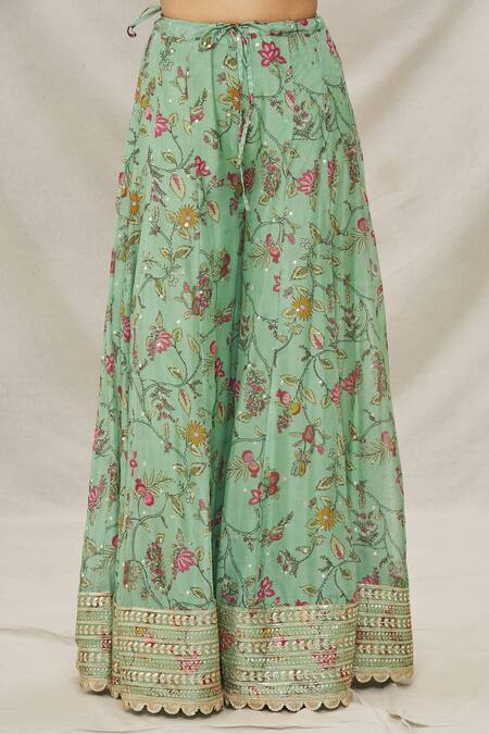 Gopi Vaid_Green Organza, Net Floral Motifs, Gota Work V Print Short Anarkali Sharara Set_at_Aza_Fashions