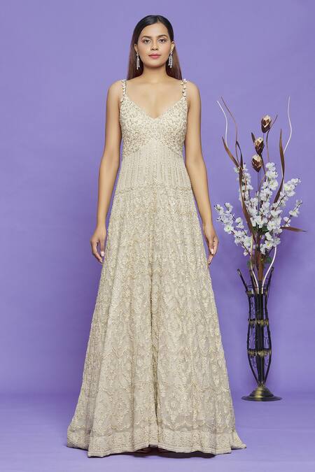 Neha Mehta Couture_Gold Lucknowi Sequin And Cutdana, Thread Floral Embroidered Anarkali With Dupatta _Online_at_Aza_Fashions