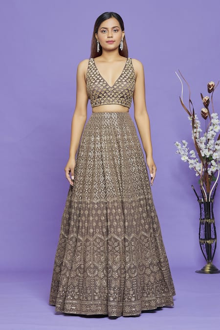Neha Mehta Couture Grey Lucknowi Beads And Thread, Sequin V Neck Embroidered Lehenga Set Online at Aza Fashions Neha Mehta Couture_Grey Lucknowi Beads And Thread, Sequin V Neck Embroidered Lehenga Set _Online_at_Aza_Fashions