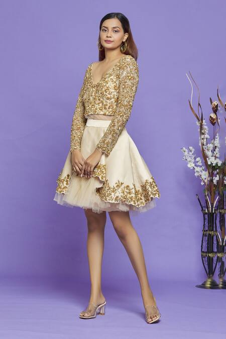 Buy_Neha Mehta Couture_Gold Heavy Satin Sequin, Beads, Thread And Embroidered Blouse & Short Lehenga Set _Online_at_Aza_Fashions