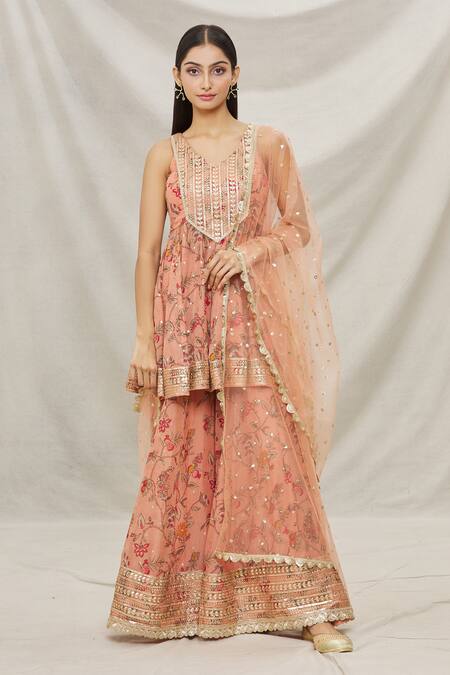 Buy_Gopi Vaid_Pink Organza, Net Floral Motifs, Gota Work V Print Short Anarkali Sharara Set_Online_at_Aza_Fashions