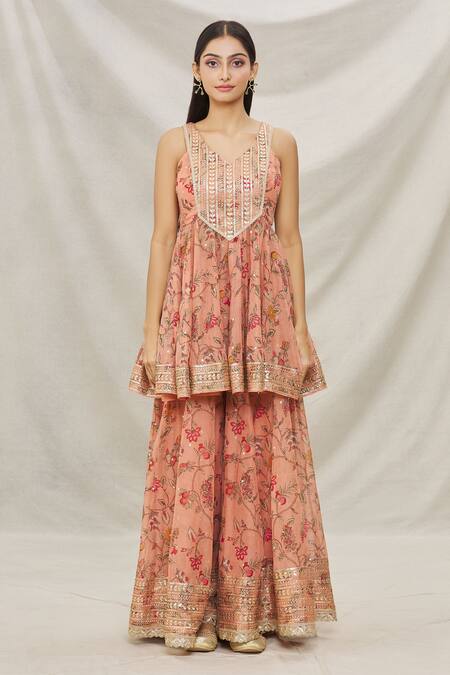 Gopi Vaid_Pink Organza, Net Floral Motifs, Gota Work V Print Short Anarkali Sharara Set_Online_at_Aza_Fashions