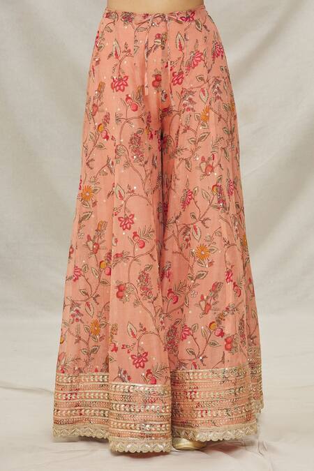 Gopi Vaid_Pink Organza, Net Floral Motifs, Gota Work V Print Short Anarkali Sharara Set_at_Aza_Fashions