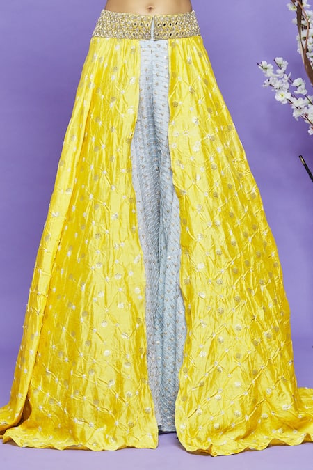 Neha Mehta Couture_Blue Pure Bandhani Mirror, Sequin, Thread And Neck Blouse & Overlay Sharara Set _Online_at_Aza_Fashions