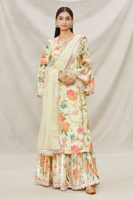 Buy Gopi Vaid Yellow Net, Viscose Floral Motifs Round Print Kurta Sharara Set Online at Aza Fashions Buy_Gopi Vaid_Yellow Net, Viscose Floral Motifs Round Print Kurta Sharara Set _Online_at_Aza_Fashions