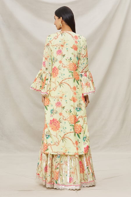 Shop Gopi Vaid Yellow Net, Viscose Floral Motifs Round Print Kurta Sharara Set at Aza Fashions Shop_Gopi Vaid_Yellow Net, Viscose Floral Motifs Round Print Kurta Sharara Set _at_Aza_Fashions