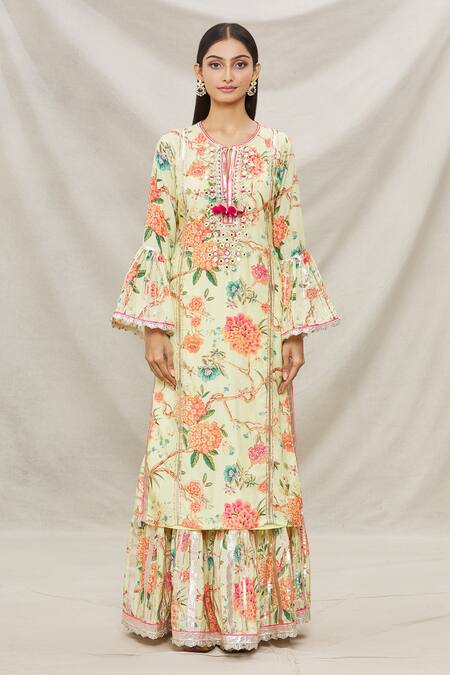 Gopi Vaid Yellow Net, Viscose Floral Motifs Round Print Kurta Sharara Set Online at Aza Fashions Gopi Vaid_Yellow Net, Viscose Floral Motifs Round Print Kurta Sharara Set _Online_at_Aza_Fashions